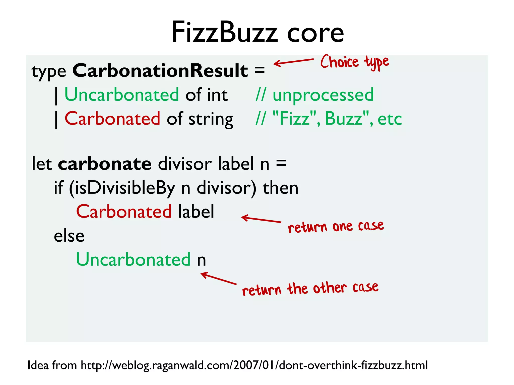 type CarbonationResult =
| Uncarbonated of int // unprocessed
| Carbonated of string // "Fizz", Buzz", etc
FizzBuzz core
let carbonate divisor label n =
if (isDivisibleBy n divisor) then
Carbonated label
else
Uncarbonated n
Idea from http://weblog.raganwald.com/2007/01/dont-overthink-fizzbuzz.html
 