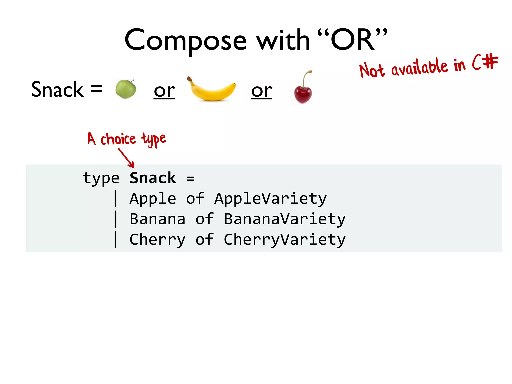 Snack = or or
Compose with “OR”
type Snack =
| Apple of AppleVariety
| Banana of BananaVariety
| Cherry of CherryVariety
 