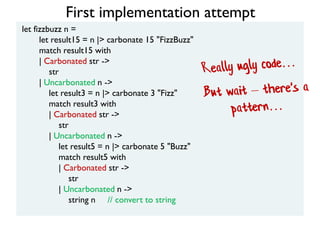 let fizzbuzz n =
let result15 = n |> carbonate 15 "FizzBuzz"
match result15 with
| Carbonated str ->
str
| Uncarbonated n ->
let result3 = n |> carbonate 3 "Fizz"
match result3 with
| Carbonated str ->
str
| Uncarbonated n ->
let result5 = n |> carbonate 5 "Buzz"
match result5 with
| Carbonated str ->
str
| Uncarbonated n ->
string n // convert to string
First implementation attempt
 