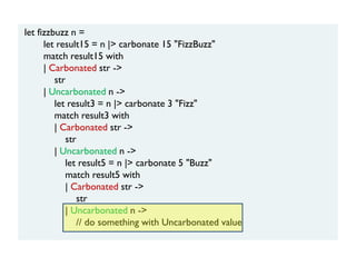 let fizzbuzz n =
let result15 = n |> carbonate 15 "FizzBuzz"
match result15 with
| Carbonated str ->
str
| Uncarbonated n ->
let result3 = n |> carbonate 3 "Fizz"
match result3 with
| Carbonated str ->
str
| Uncarbonated n ->
let result5 = n |> carbonate 5 "Buzz"
match result5 with
| Carbonated str ->
str
| Uncarbonated n ->
// do something with Uncarbonated value
 