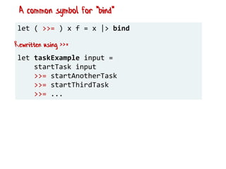 let ( >>= ) x f = x |> bind
let taskExample input =
startTask input
>>= startAnotherTask
>>= startThirdTask
>>= ...
Rewritten using >>=
A common symbol for "bind"
 