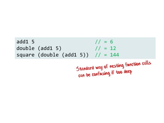 add1 5 // = 6
double (add1 5) // = 12
square (double (add1 5)) // = 144
 