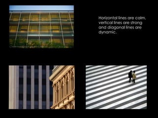 Horizontal lines are calm,
vertical lines are strong
and diagonal lines are
dynamic.
 