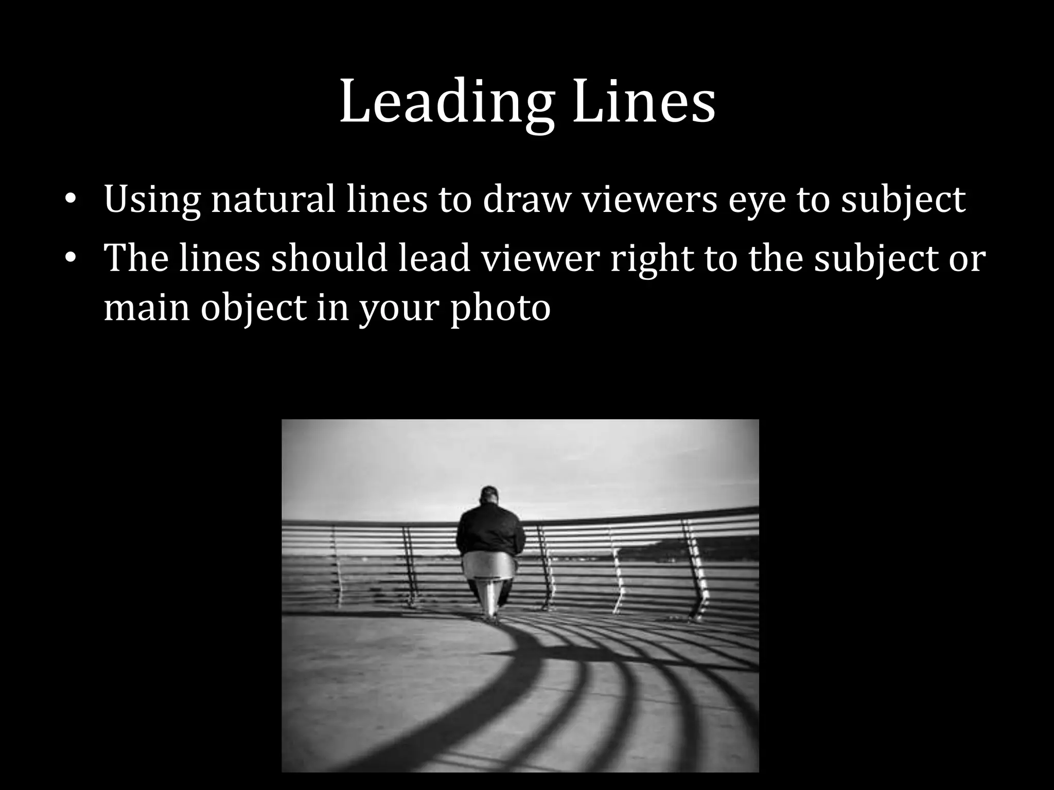 Leading LinesUsing natural lines to draw viewers eye to subjectThe lines should lead viewer right to the subject or main object in your photo