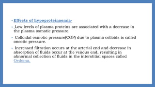 • Effects of hypoproteinaemia-
• Low levels of plasma proteins are associated with a decrease in
the plasma osmotic pressure.
• Colloidal osmotic pressure(COP) due to plasma colloids is called
oncotic pressure.
• Increased filtration occurs at the arterial end and decrease in
absorption of fluids occur at the venous end, resulting in
abnormal collection of fluids in the interstitial spaces called
Oedema.
 