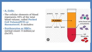 • A. Cells-
• The cellular elements of blood
represents 45% of the total
blood volume, called Packed
Cell Volume(PCV) or
Haematocrit. It includes:
• Erythrocytes or RBCs-
normal count: 5 million/µl
(5x106).
 