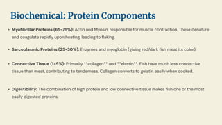 • Myoﬁbrillar Proteins (65-75%): Actin and Myosin, responsible for muscle contraction. These denature
and coagulate rapidly upon heating, leading to ﬂaking.
• Sarcoplasmic Proteins (25-30%): Enzymes and myoglobin (giving red/dark ﬁsh meat its color).
• Connective Tissue (1-5%): Primarily **collagen** and **elastin**. Fish have much less connective
tissue than meat, contributing to tenderness. Collagen converts to gelatin easily when cooked.
• Digestibility: The combination of high protein and low connective tissue makes ﬁsh one of the most
easily digested proteins.
Biochemical: Protein Components
 
