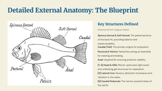 Key Structures Deﬁned
(Referenced from diagram labels)
Spinous Dorsal & Soft Dorsal: The paired sections
of the back ﬁn, providing balance and
maneuverability.
Caudal (Tail): The primary engine for propulsion.
Pectoral & Pelvics: Paired ﬁns acting as hydrofoils
for steering and braking.
Anal: Unpaired ﬁn ensuring posterior stability.
[1-4] Head & Gills: Mouth, operculum (gill cover),
and underlying gill structures for respiration.
[5] Lateral Line: Sensory detection of pressure and
vibration in the water.
[6] Caudal Peduncle: The narrow, powerful base of
the tail ﬁn.
Detailed External Anatomy: The Blueprint
 