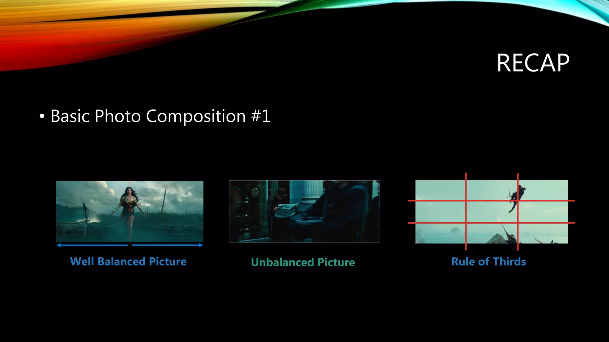 RECAP
• Basic Photo Composition #1
Well Balanced Picture Unbalanced Picture Rule of Thirds
 