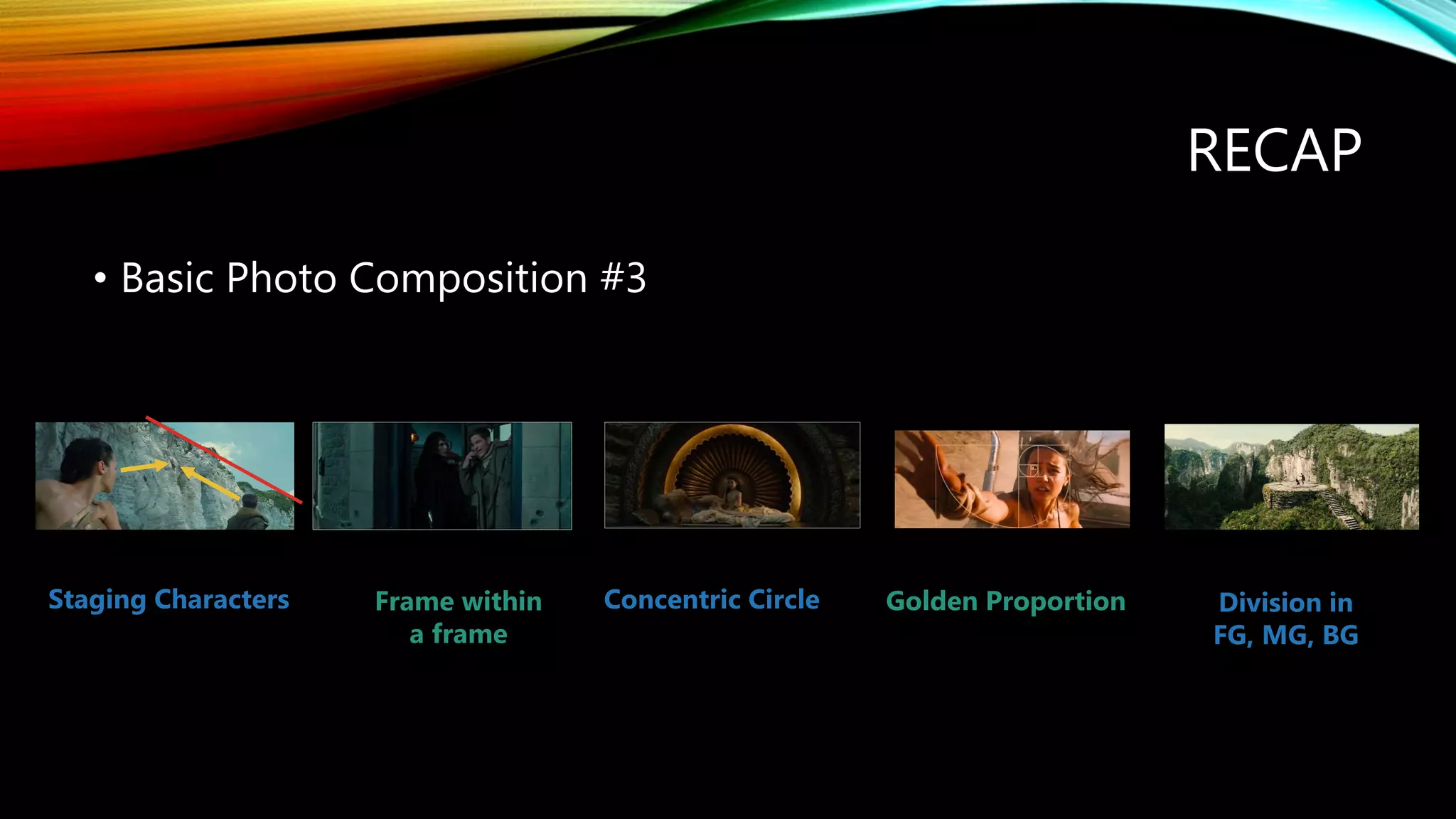 RECAP
• Basic Photo Composition #3
Staging Characters Frame within
a frame
Concentric Circle Golden Proportion Division in
FG, MG, BG
 