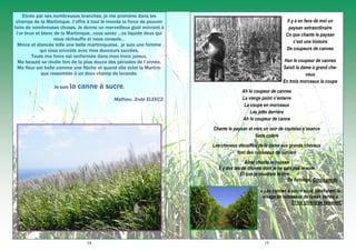 18
Etirée par ses nombreuses branches, je me promène dans les
champs de la Martinique. J’offre à tout le monde la force de pouvoir
faire de nombreuses choses. Je donne un merveilleux goût enivrant à
l’or brun et blanc de la Martinique...vous savez …ce liquide doux qui
nous réchauffe et nous console…
Mince et élancée telle une belle martiniquaise, je suis une femme
qui vous envoûte avec mes douceurs sucrées.
Toute ma force est renfermée dans mon tronc juteux,
Ma beauté se révèle lors de la plus douce des périodes de l’année,
Ma fleur est belle comme une flèche et quand elle éclot la Martini-
que ressemble à un doux champ de lavande.
Je suis la canne à sucre.
Mathieu, 2nde ELEEC2.
19
« Les cannes à sucre nous balafraient le
visage de ruisseaux de lames vertes »
Et les chiens se taisaient.
Il y a en face de moi un
paysan extraordinaire
Ce que chante le paysan
c’est une histoire
De coupeurs de cannes
Han le coupeur de cannes
Saisit la dame à grand che-
veux
En trois morceaux la coupe
Ah le coupeur de cannes
La vierge point n’enterre
La coupe en morceaux
Les jette derrière
Ah le coupeur de canne
Chante le paysan et vers un soir de coutelas s’avance
Sans colère
Les cheveux décoiffés de la dame aux grands cheveux
font des ruisseaux de lumière
Ainsi chante le paysan
Il y des tas de choses dont je ne sais pas le nom
Et que je voudrais te dire…
De forlonge, Corps perdu
 