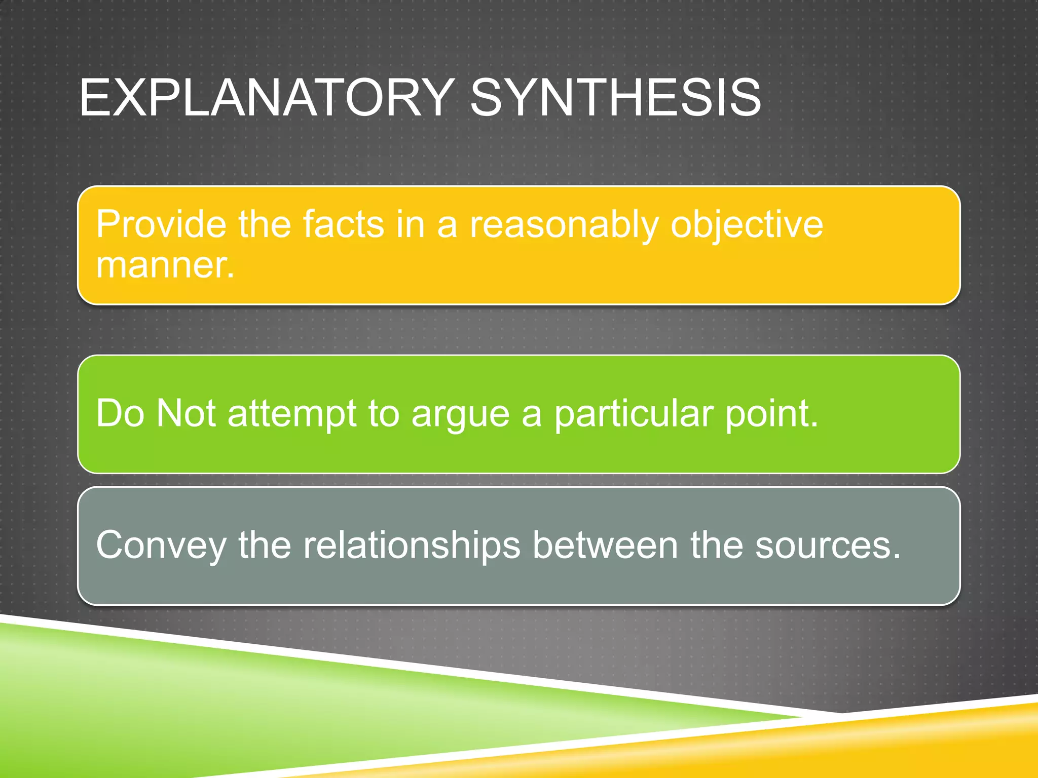 EXPLANATORY SYNTHESIS

Provide the facts in a reasonably objective
manner.


Do Not attempt to argue a particular point.


Convey the relationships between the sources.
 