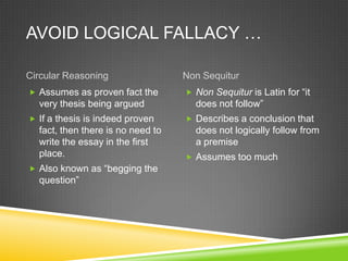AVOID LOGICAL FALLACY …

Circular Reasoning                 Non Sequitur
 Assumes as proven fact the        Non Sequitur is Latin for “it
  very thesis being argued           does not follow”
 If a thesis is indeed proven      Describes a conclusion that
  fact, then there is no need to     does not logically follow from
  write the essay in the first       a premise
  place.                            Assumes too much
 Also known as “begging the
  question”
 