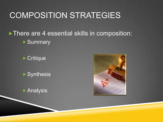 COMPOSITION STRATEGIES

There are 4 essential skills in composition:
      Summary


      Critique


      Synthesis


      Analysis
 