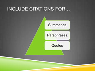 INCLUDE CITATIONS FOR…


              Summaries

             Paraphrases

               Quotes
 