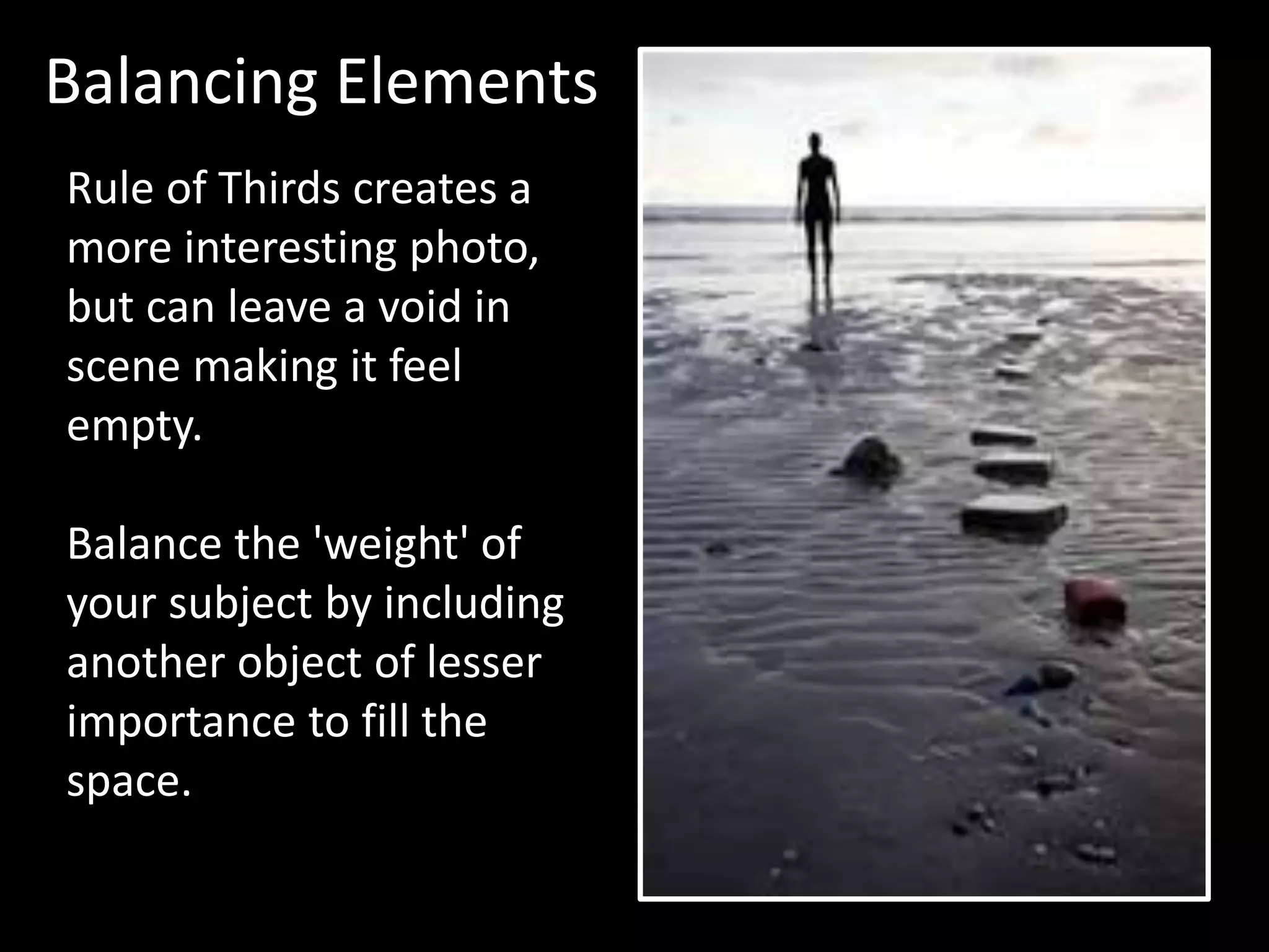 Balancing Elements 
Rule of Thirds creates a 
more interesting photo, 
but can leave a void in 
scene making it feel 
empty. 
Balance the 'weight' of 
your subject by including 
another object of lesser 
importance to fill the 
space. 
 