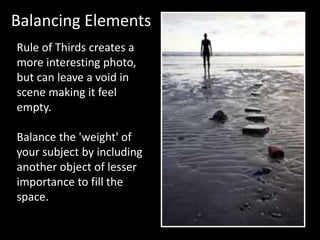 Balancing Elements 
Rule of Thirds creates a 
more interesting photo, 
but can leave a void in 
scene making it feel 
empty. 
Balance the 'weight' of 
your subject by including 
another object of lesser 
importance to fill the 
space. 
 
