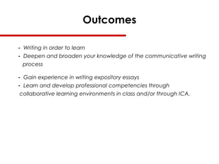 Outcomes
- Writing in order to learn
- Deepen and broaden your knowledge of the communicative writing
process
- Gain experience in writing expository essays
- Learn and develop professional competencies through
collaborative learning environments in class and/or through ICA.
 