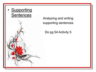 Let’s practice!!!Topic sentences pg. 40Flowers are beautiful.Cats are nice.Paris is the capital of France.The English alphabet has twenty-six letters.It costs forty cents to mail a first-class letter from the United States to Canada.Tennis is an enjoyable sport.