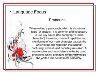  Exclamation points (!) Used a the end of an exclamation.HomeworkChoose one of the general topics below. 2. Brainstorm your ideas on a separate paper.3. Circle the ideas that you think are better to include in a paragraph.4. Write a paragraph using the brainstorming you did and an appropriate topic sentence.5. Be ready to share your writing.ON LINE HOMEWORK>  http://www.sheppardsoftware.com/grammar/capitalization.htmhttp://owl.english.purdue.edu/exercises/3/16/14/