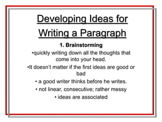 Developing Ideas for Writing a Paragraph1. Brainstormingquickly writing down all the thoughts that come into your head.