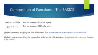 Composition of Functions – The BASICS
𝑓 𝑥 = 𝑥 − .20 𝑥
𝑔 𝑥 = 𝑥 − 15
This is a function of 20% off a price.
This is a function of $15 off a price.
𝑔 𝑓 𝑥 represents applying the 20% off discount first. Notice how the innermost function is the % off.
𝑓 𝑔 𝑥 represents applying the coupon first and then the 20% reduction. Notice how the inner most function
is the coupon.
 