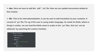 ➢ doc: Here we have to add like ‘.pdf’, ‘.txt’ file. Here we can update documents related to
this module.
➢ i8n: This is for internationalization, it can be user to add translation to your modules. It
consist of ‘.po’ file, For eg, If the user is using arabic language, he needs its fields, labels or
things in arabic, we can load the fields name in arabic in the ‘.po’ files. And ‘po’ can be
obtained by exporting the custom modules.
 