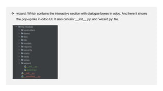  wizard: Which contains the interactive section with dialogue boxes in odoo. And here it shows
the pop-up like in odoo UI. It also contain ‘__init__.py’ and ‘wizard.py’ file.
 