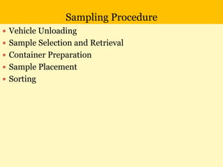 Sampling Procedure
 Vehicle Unloading
 Sample Selection and Retrieval
 Container Preparation
 Sample Placement
 Sorting
 