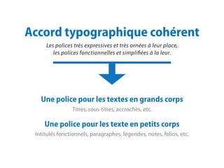 Accord typographique cohérent
Les polices très expressives et très ornées à leur place,
les polices fonctionnelles et simplifiées à la leur.
Une police pour les textes en grands corps
Titres, sous-titres, accroches, etc.
Une police pour les texte en petits corps
Intitulés fonctionnels, paragraphes, légendes, notes, folios, etc.
 