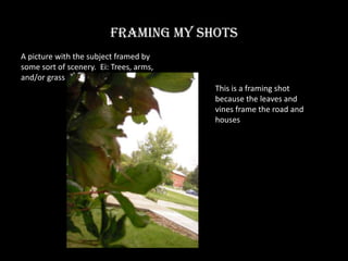 Framing my shots A picture with the subject framed by some sort of scenery.  Ei: Trees, arms,  and/or grass This is a framing shot because the leaves and vines frame the road and houses 