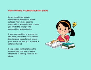HOW TO WRITE A COMPOSITION IN 5 STEPS
As we mentioned above,
composition writing is a broad
subject. There is no specific
composition writing format, nor are
you limited to any specific
composition writing topics.
If your composition is an essay—
and often, this is the case—follow
the standard essay format unless
your instructor tells you to follow a
different format.
Composition writing follows the
same writing process as every
other kind of writing. Here are the
steps:
 