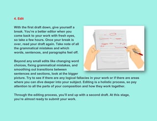 4. Edit
With the first draft down, give yourself a
break. You’re a better editor when you
come back to your work with fresh eyes,
so take a few hours. Once your break is
over, read your draft again. Take note of all
the grammatical mistakes and which
words, sentences, and paragraphs feel off.
Beyond any small edits like changing word
choices, fixing grammatical mistakes, and
smoothing out transitions between
sentences and sections, look at the bigger
picture. Try to see if there are any logical fallacies in your work or if there are areas
where you can dive deeper into your subject. Editing is a holistic process, so pay
attention to all the parts of your composition and how they work together.
Through the editing process, you’ll end up with a second draft. At this stage,
you’re almost ready to submit your work.
 