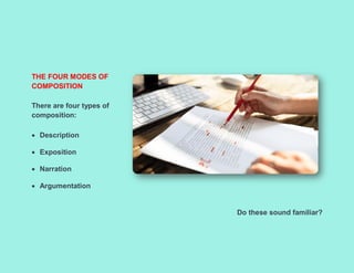 THE FOUR MODES OF
COMPOSITION
There are four types of
composition:
 Description
 Exposition
 Narration
 Argumentation
Do these sound familiar?
 