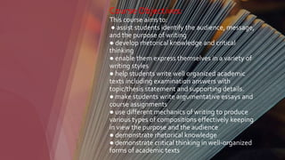Course Objectives:
This course aims to:
● assist students identify the audience, message,
and the purpose of writing
● develop rhetorical knowledge and critical
thinking
● enable them express themselves in a variety of
writing styles
● help students write well organized academic
texts including examination answers with
topic/thesis statement and supporting details.
● make students write argumentative essays and
course assignments
● use different mechanics of writing to produce
various types of compositions effectively keeping
in view the purpose and the audience
● demonstrate rhetorical knowledge
● demonstrate critical thinking in well-organized
forms of academic texts
 