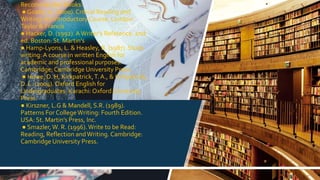Recommended Books:
● Goatly,A. (2000). Critical Reading and
Writing:An Introductory Course. London:
Taylor & Francis
● Hacker, D. (1992).AWriter’s Reference. 2nd
ed. Boston: St. Martin’s
● Hamp-Lyons, L. & Heasley, B. (1987). Study
writing:A course in written English for
academic and professional purposes.
Cambridge: Cambridge University Press.
● Howe, D. H, Kirkpatrick,T.A., & Kirkpatrick,
D. L. (2004). Oxford English for
Undergraduates. Karachi:Oxford University
Press.
● Kirszner, L.G & Mandell, S.R. (1989).
Patterns For CollegeWriting: Fourth Edition.
USA: St. Martin’s Press, Inc.
● Smazler,W. R. (1996).Write to be Read:
Reading, Reflection andWriting. Cambridge:
Cambridge University Press.
7
 