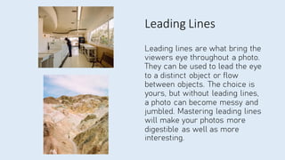 Leading Lines
Leading lines are what bring the
viewers eye throughout a photo.
They can be used to lead the eye
to a distinct object or flow
between objects. The choice is
yours, but without leading lines,
a photo can become messy and
jumbled. Mastering leading lines
will make your photos more
digestible as well as more
interesting.
 