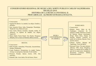 CONSERVATORIO REGIONAL DE MUSICA DEL NORTE PUBLICO CARLOS VALDERRAMA
TRUJILLO 2019.
HISTORIA DE LA MUSICA UNIVERSAL II.
PROF.ABOG.LIC. ALFREDO ESTRADA ZAVALETA.
MUSICA
CONTEMPÓRANEA
EN AMERICA.
PARAGUAY.
• Conservatorio
• Agustín Pío Barrios: La catedral, Las abejas, Estudios y
preludios.
• José Asunción Flores: India, Paraguaýpe, Ñasaindype,
Ñande Ru Vusu, María de la paz.
• Juan Carlos Moreno González: Kuarahy mimby, El
amanecer, La tejedora de ñandutí, Las alegres
kyguaverá.
• María Odulia Nicola Ruotti: Eres Bonita, Paraguaya
Rohayhu, Por tu Amor mi Palomita, Belleza morena.
BOLIVIA.
• Conservatorio
• Willy Pozadas: Amtasiñani, Wiracocha, Ancestrofonías,
Paisajes, Pentafonías.
• Cergio Prudencio: Percepciones, La ciudad, Triptica,
Awasqa, Los peregrinos, Epicedia, El alto hombre.
• Florencio Pozadas: Quinsa Arawis, CM1, Dos
canciones.
• Eduardo Caba: Aires indios, Flor de bronce, Potosi.
PUERTO RICO.
• Conservatorio
• Roberto Sierra: Salsa en do,
Fandangos, Canciones de la
diáspora, Graffiti, Montuno en forma
de chacona, Danzas concertantes,
Bongo, Missa latina, Alegria, El
bacchae, Boriken, Carnaval, El
jardín de las delicias, Bayoan, Cinco
poemas aztecas,
• Alfonso Fuentes: Mejunje del
Fagobongo, Voces del Barrio
• Raymond Torres: Trio para clarinete.
Obertura 1898, Jersey Polyphony,
Danza, La canción de las Antillas, El
país de los cuatro pisos, Symphonia:
Resonantia Luminosa Infinita,
Sinfonia del milenio.
 