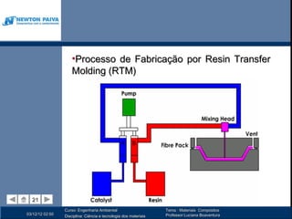 •Processo de Fabricação por Resin Transfer
                     Molding (RTM)




  21
  21
                 Curso: Engenharia Ambiental                      Tema : Materiais Compósitos
03/12/12 02:50                                                    Professor:Luciana Boaventura
                 Disciplina: Ciência e tecnologia dos materiais
 