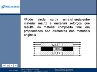 Pode ainda surgir uma sinergia entre
                     material matriz e materiais reforços que
                     resulte, no material compósito final, em
                     propriedades não existentes nos materiais
                     originais




   4
   4
                 Curso: Engenharia Ambiental                      Tema : Materiais Compósitos
03/12/12 02:50                                                    Professor:Luciana Boaventura
                 Disciplina: Ciência e tecnologia dos materiais
 