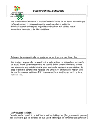 Institución Educativa 
“LA GRACIELA” 
Tuluá - Valle del Cauca 
DESCRIPCIÓN IDEA DE NEGOCIO 
Los problemas ambientales son situaciones ocasionadas por los seres humanos, que 
dañan el entorno y ocasionan impactos negativos sobre el ambiente. 
Necesitas abonar la tierra para mejorarla haciéndola de más calidad ya que 
proporciona nutrientes y da vida microbiana. 
Defina en forma concreta el o los productos y/o servicios que va a desarrollar. 
Los producto a desarrollar para contribuir al mejoramiento del ambiente es la creación 
de abono natural para el crecimiento del planeta en que vivimos mejorando la tierra 
que se encuentra en estado infértil y hacer que en ella crezcan grandes árboles y de 
ellos no solo nos beneficiemos nosotros sino también los animales que habitan allí y 
la capa de ozono se fortalezca. Esto lo pensamos hacer realidad abonando la tierra 
naturalmente. 
2. Propuesta de valor: 
Describa los factores Críticos de Éxito de su Idea de Negocios (Tenga en cuenta que con 
este análisis lo que se pretende es que usted identifique las variables que generarán 
 