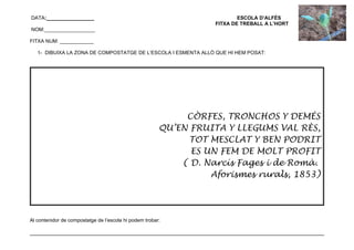 DATA:_________________                                                     ESCOLA D’ALFÉS
                                                                   FITXA DE TREBALL A L’HORT
NOM:__________________

FITXA NUM: ____________

   1- DIBUIXA LA ZONA DE COMPOSTATGE DE L’ESCOLA I ESMENTA ALLÒ QUE HI HEM POSAT:




                                                             CÒRFES, TRONCHOS Y DEMÉS
                                                        QU’EN FRUITA Y LLEGUMS VAL RÈS,
                                                              TOT MESCLAT Y BEN PODRIT
                                                              ES UN FEM DE MOLT PROFIT
                                                            ( D. Narcís Fages i de Romà.
                                                                  Aforismes rurals, 1853)




Al contenidor de compostatge de l’escola hi podem trobar:
 