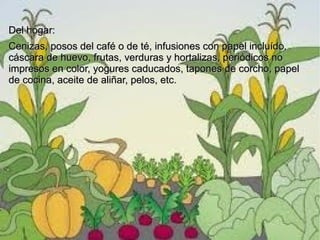 Del hogar:
Cenizas, posos del café o de té, infusiones con papel incluído,
cáscara de huevo, frutas, verduras y hortalizas, periódicos no
impresos en color, yogures caducados, tapones de corcho, papel
de cocina, aceite de aliñar, pelos, etc.
 