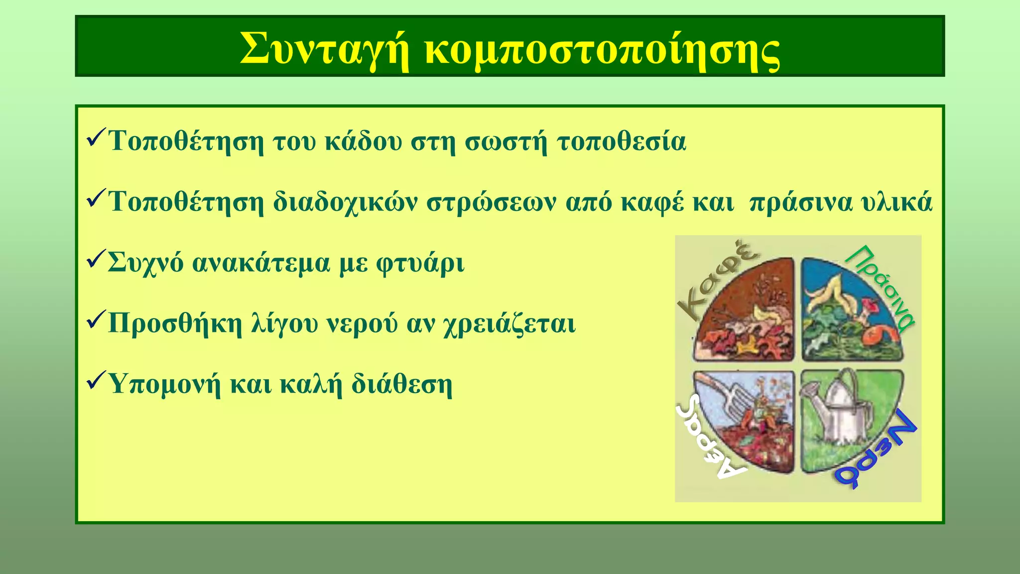 Συνταγή κομποστοποίησης
Τοποθέτηση του κάδου στη σωστή τοποθεσία
Τοποθέτηση διαδοχικών στρώσεων από καφέ και πράσινα υλικά
Συχνό ανακάτεμα με φτυάρι
Προσθήκη λίγου νερού αν χρειάζεται
Υπομονή και καλή διάθεση
 