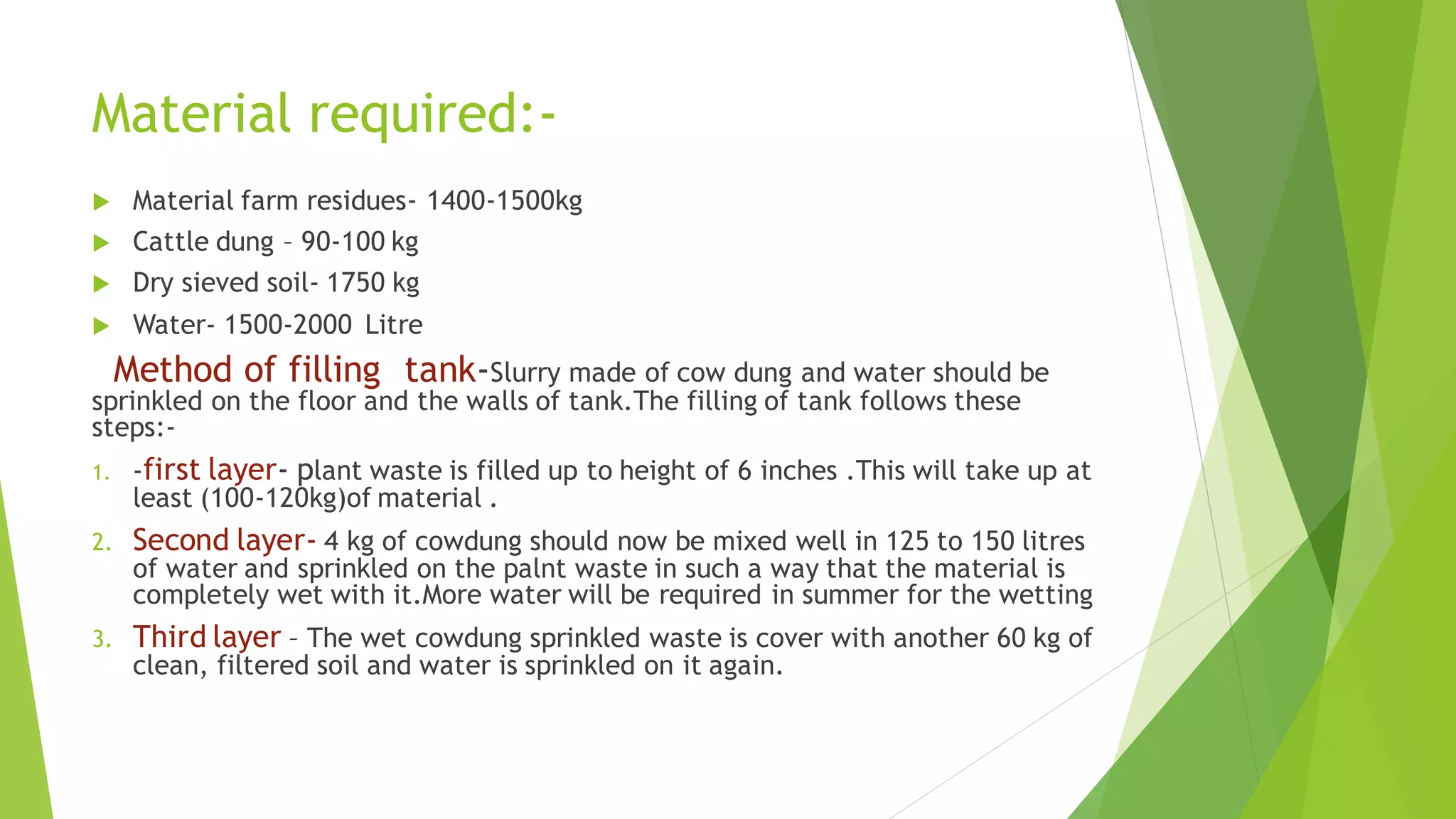 Material required:-
 Material farm residues- 1400-1500kg
 Cattle dung – 90-100 kg
 Dry sieved soil- 1750 kg
 Water- 1500-2000 Litre
Method of filling tank-Slurry made of cow dung and water should be
sprinkled on the floor and the walls of tank.The filling of tank follows these
steps:-
1. -first layer- plant waste is filled up to height of 6 inches .This will take up at
least (100-120kg)of material .
2. Second layer- 4 kg of cowdung should now be mixed well in 125 to 150 litres
of water and sprinkled on the palnt waste in such a way that the material is
completely wet with it.More water will be required in summer for the wetting
3. Third layer – The wet cowdung sprinkled waste is cover with another 60 kg of
clean, filtered soil and water is sprinkled on it again.
 