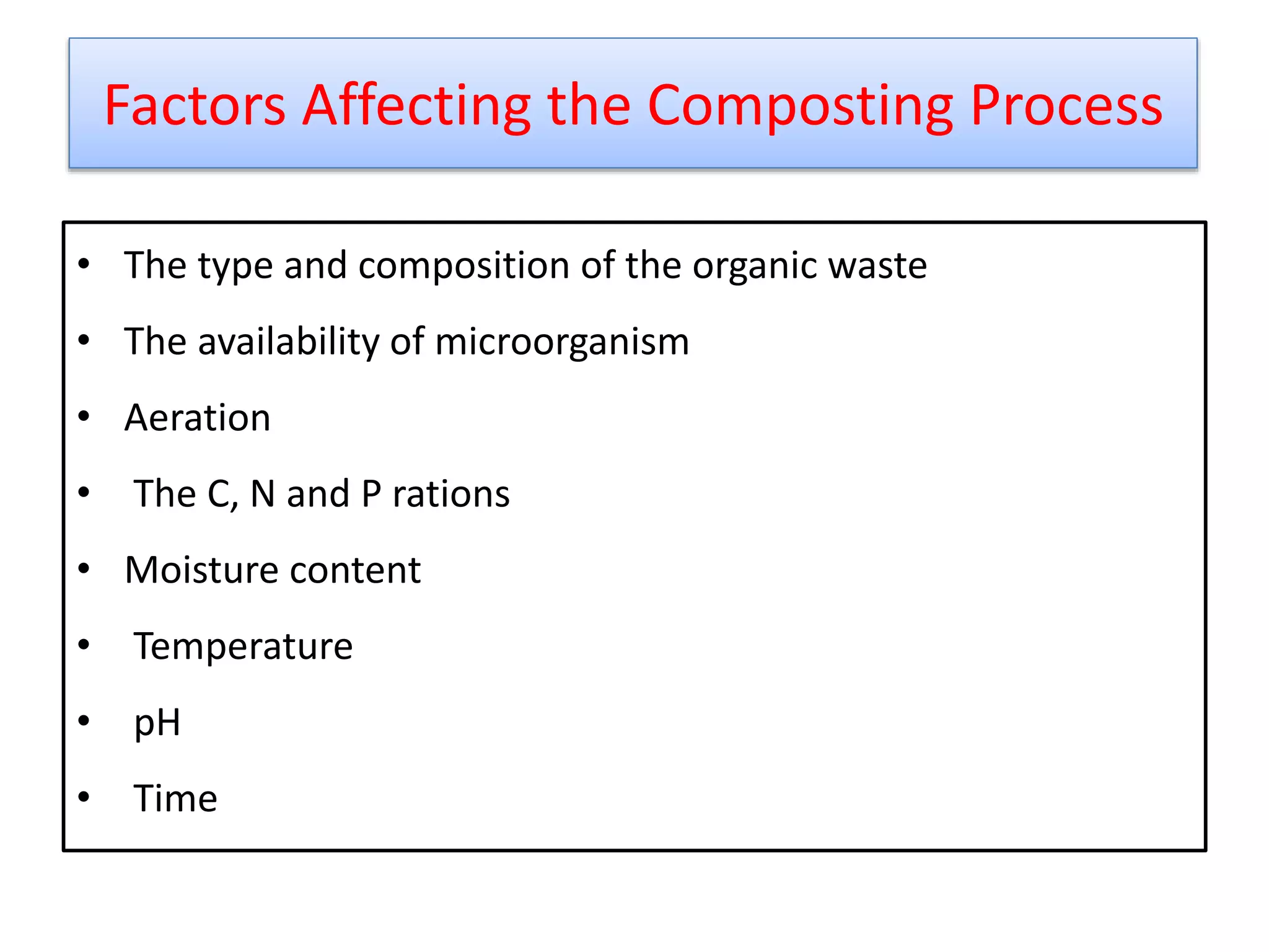 Factors Affecting the Composting Process
• The type and composition of the organic waste
• The availability of microorganism
• Aeration
• The C, N and P rations
• Moisture content
• Temperature
• pH
• Time
23
 