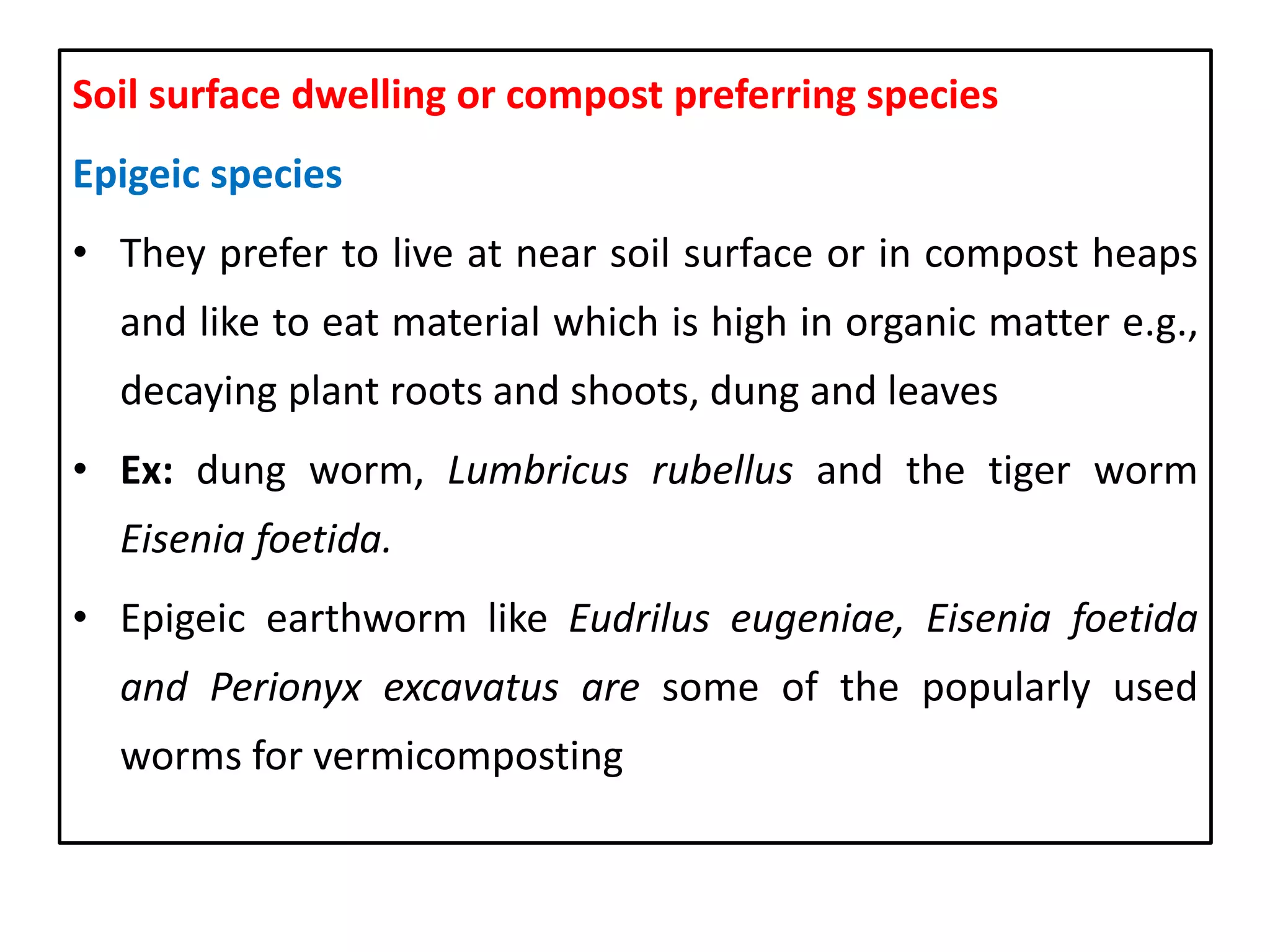 Types of Earthworm
Soil surface dwelling or compost preferring species
Epigeic species
• They prefer to live at near soil surface or in compost heaps
and like to eat material which is high in organic matter e.g.,
decaying plant roots and shoots, dung and leaves
• Ex: dung worm, Lumbricus rubellus and the tiger worm
Eisenia foetida.
• Epigeic earthworm like Eudrilus eugeniae, Eisenia foetida
and Perionyx excavatus are some of the popularly used
worms for vermicomposting
34
 