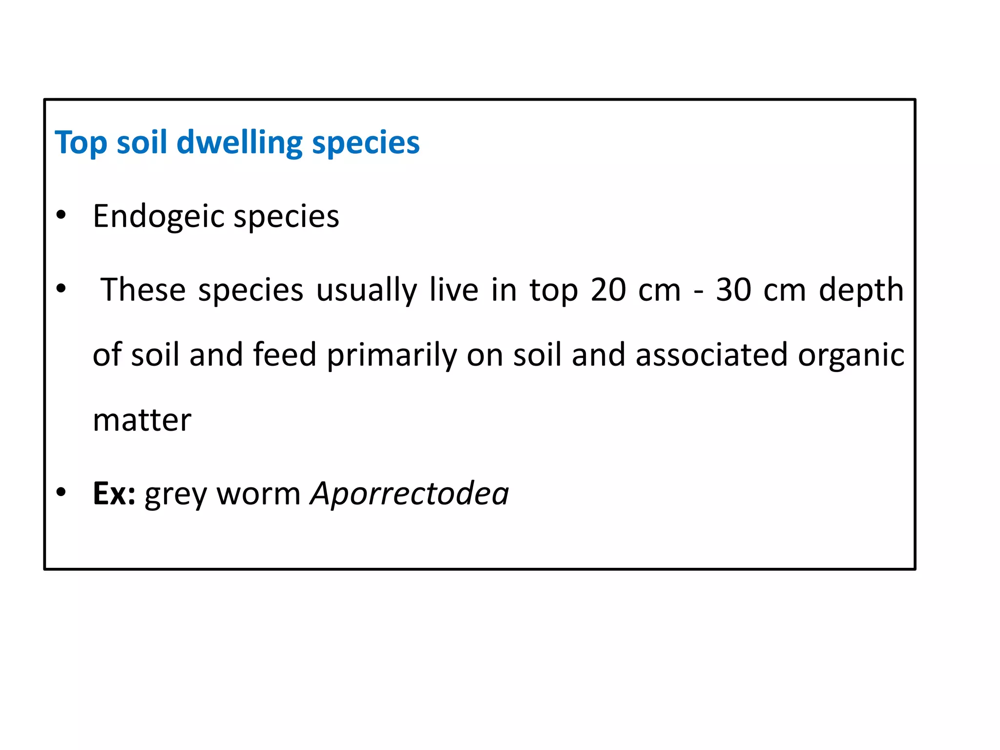 Top soil dwelling species
• Endogeic species
• These species usually live in top 20 cm - 30 cm depth
of soil and feed primarily on soil and associated organic
matter
• Ex: grey worm Aporrectodea
35
 