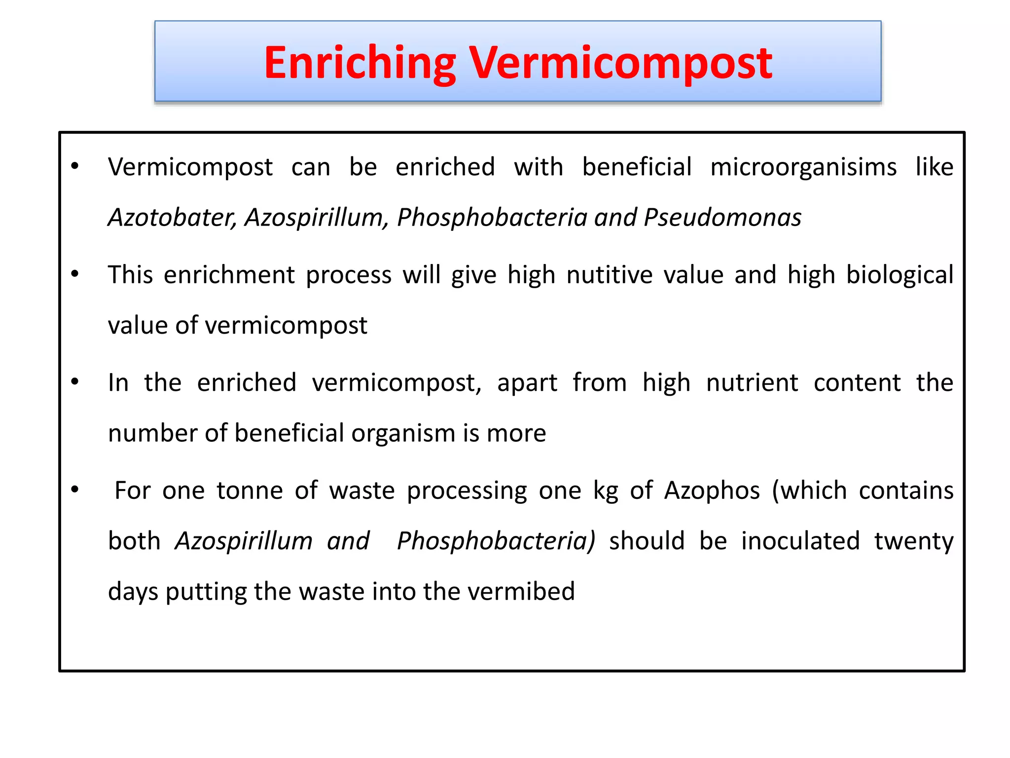 • Vermicompost can be enriched with beneficial microorganisims like
Azotobater, Azospirillum, Phosphobacteria and Pseudomonas
• This enrichment process will give high nutitive value and high biological
value of vermicompost
• In the enriched vermicompost, apart from high nutrient content the
number of beneficial organism is more
• For one tonne of waste processing one kg of Azophos (which contains
both Azospirillum and Phosphobacteria) should be inoculated twenty
days putting the waste into the vermibed
39
Enriching Vermicompost
 