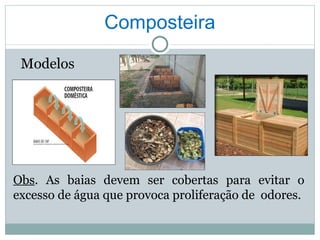 Composteira Obs . As baias devem ser cobertas para evitar o excesso de água que provoca proliferação de  odores. Modelos 